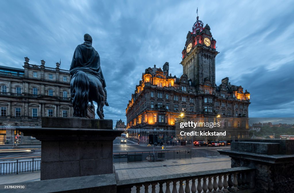 Princes Street and the Balmoral Hotel at dusk