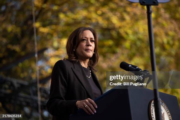 Democratic presidential nominee Vice President Kamala Harris speaks at a campaign event on October 18, 2024 in Grand Rapids, Michigan. Harris will...