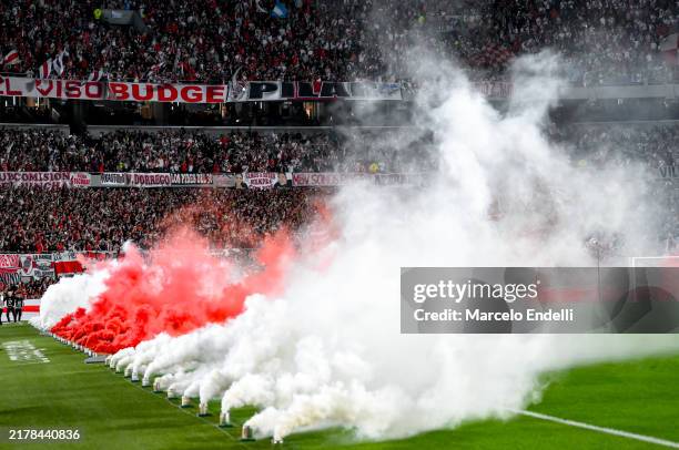 Smoke show of the stadium prior to a Liga Profesional 2024 match between River Plate and Velez at Estadio Más Monumental Antonio Vespucio Liberti on...