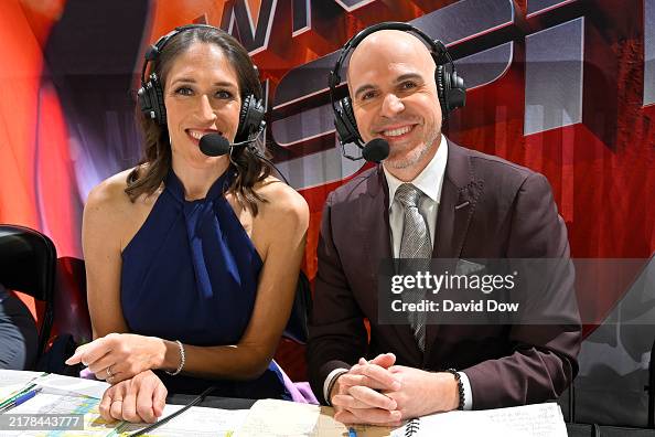 Ryan Roccio Reporters Ryan Ruocco and Rebecca Lobo smile before the game between ...