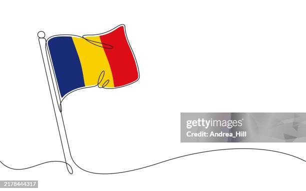 ilustrações de stock, clip art, desenhos animados e ícones de flag of the european country of romania. continuous line drawing with color elements, editable stroke and copy space - bandeira da roménia