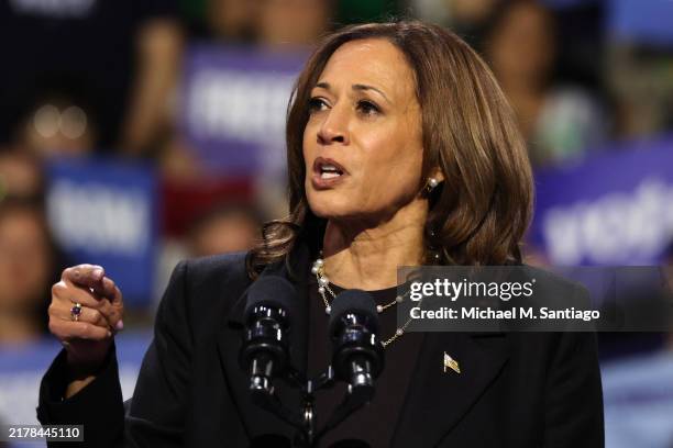 Democratic presidential nominee, Vice President Kamala Harris speaks during a campaign rally at Erie Insurance Arena on October 14, 2024 in Erie,...