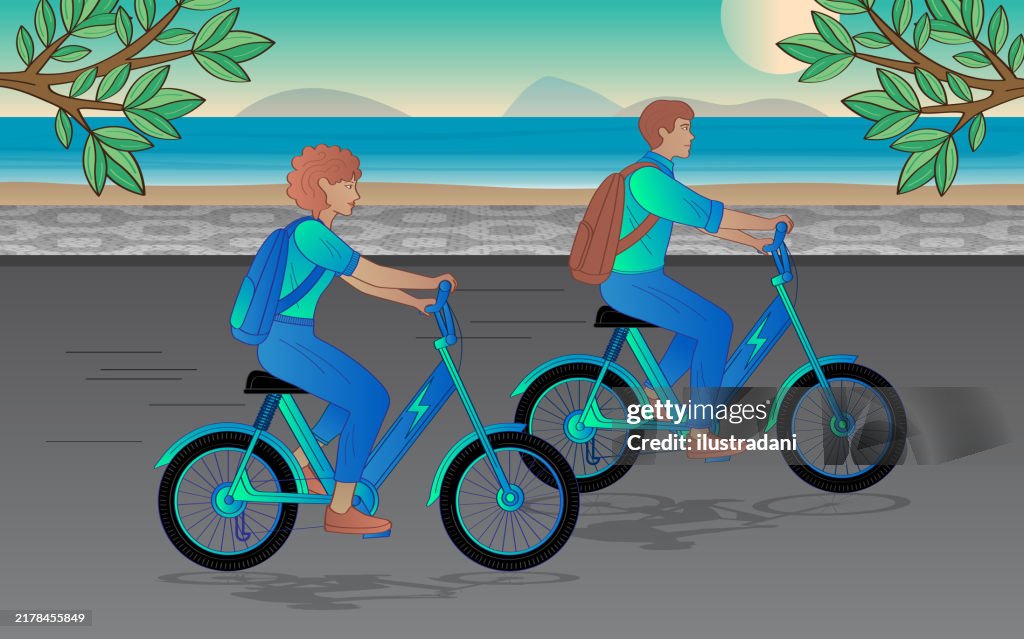 Man and woman riding electric bike on the beach