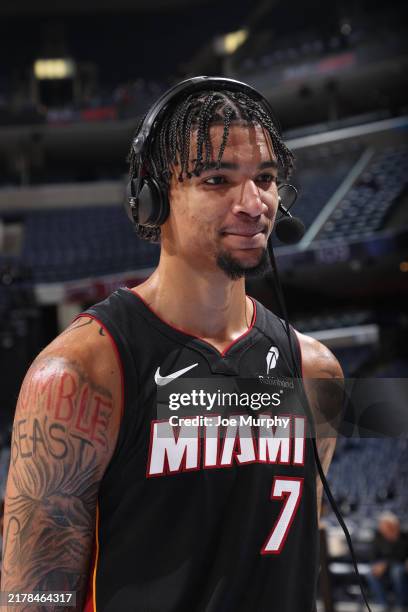 Kel'el Ware of the Miami Heat is interviewed after the game against the Memphis Grizzlies during a NBA pre season game on October 18, 2024 at...