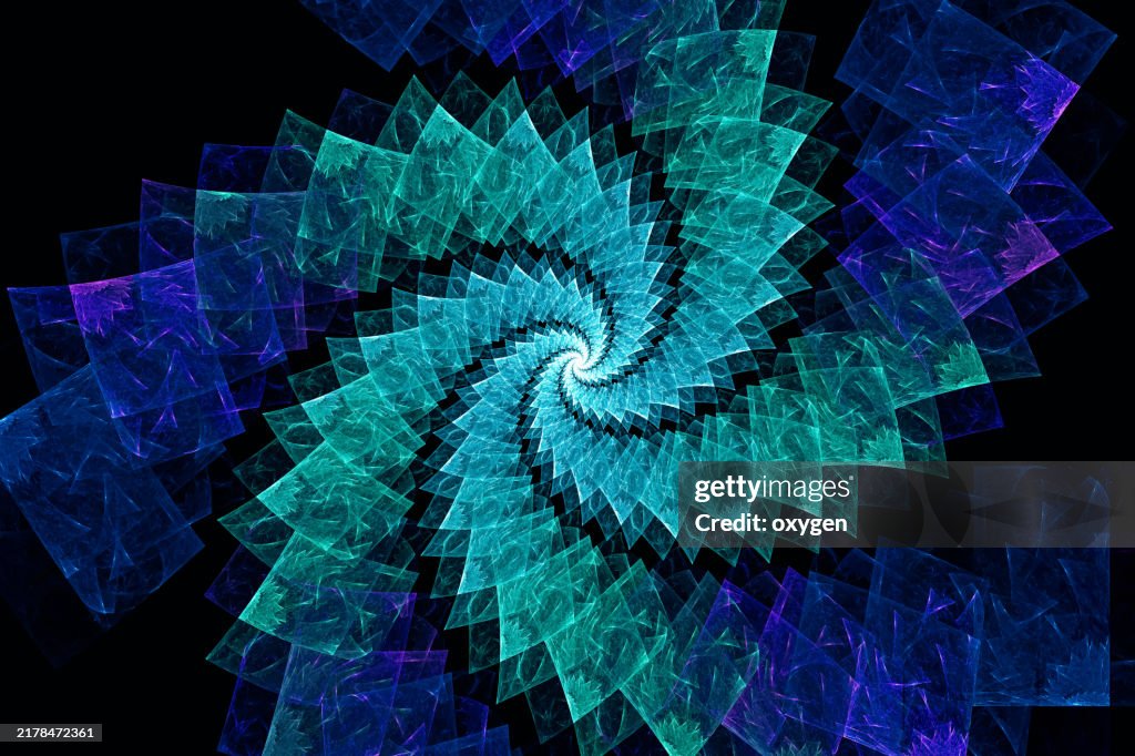 Spiraling Geometric Fractal with Vibrant Blue and Green Tones. A mesmerizing geometric fractal spiral design featuring overlapping squares in vibrant shades of blue and green, creating a dynamic and hypnotic abstract pattern.