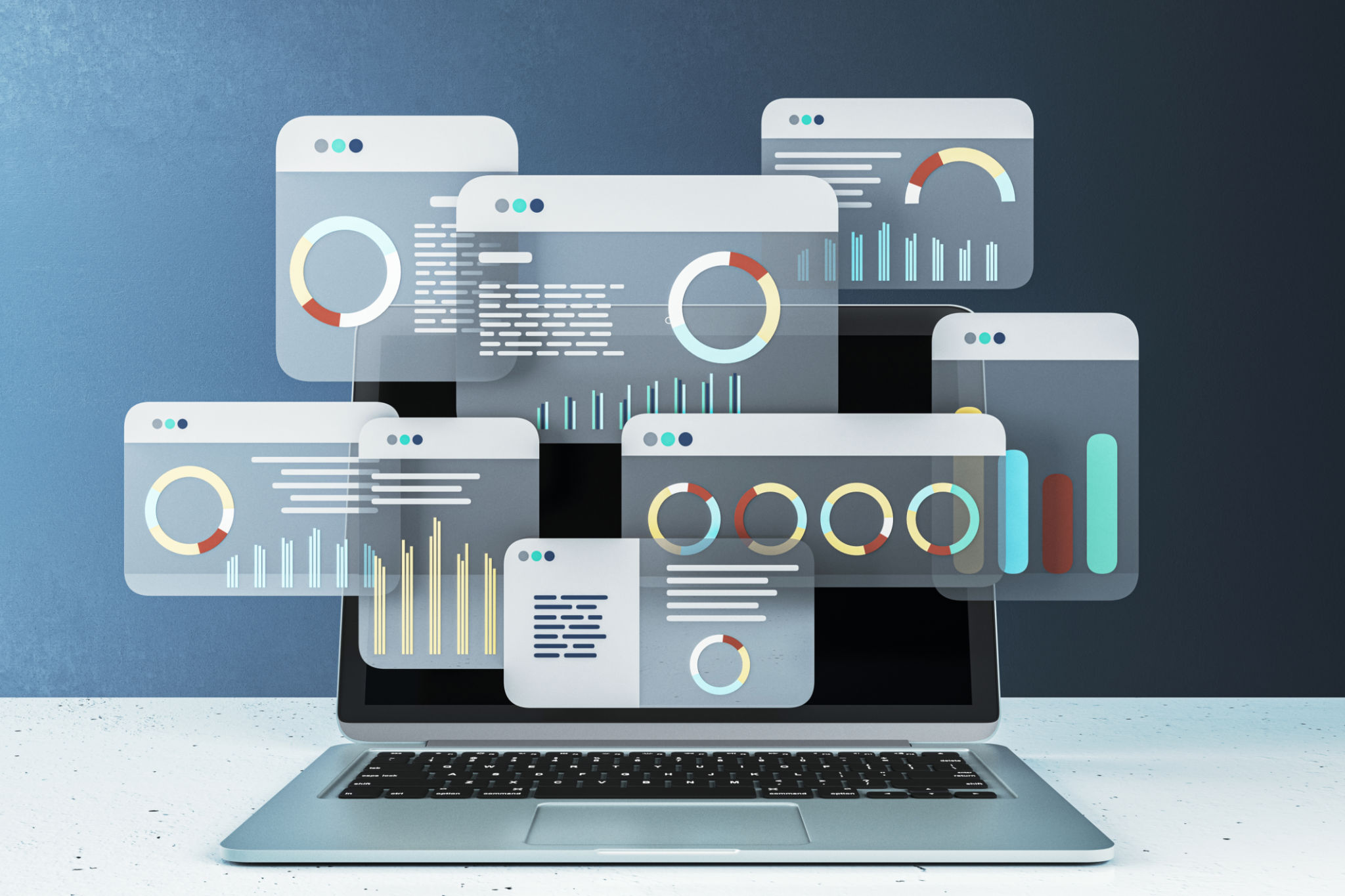 Digital financial data analysis interface on laptop screen with graphs and charts. 3D Rendering Digital financial data analysis interface on laptop screen with graphs and charts. 3D Rendering