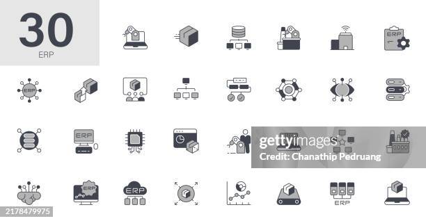 erp enterprise resource planning icon set. solid icon collection. vector illustration. stock illustration icon symbol, organization, computer software, industry 4.0 - computer literacy stock illustrations