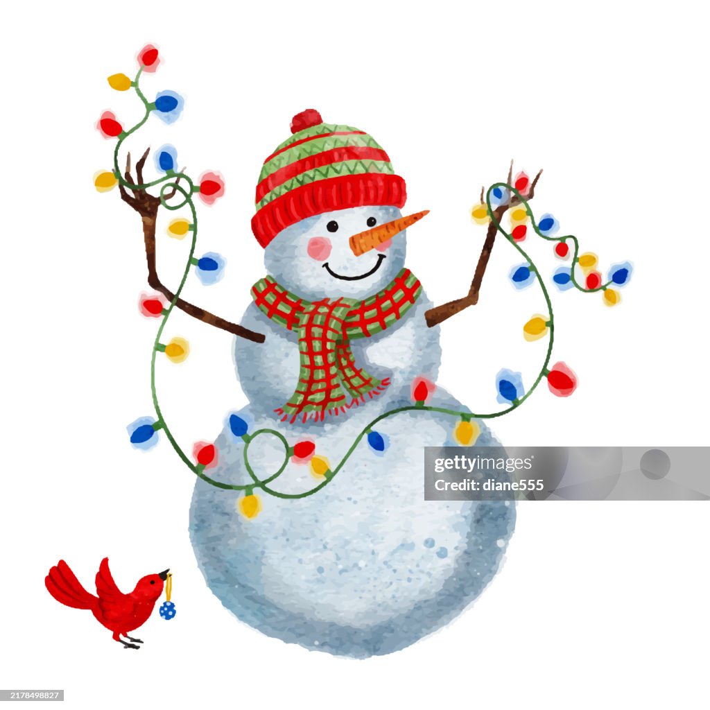 Niedlicher Aquarell-Schneemann, der Lichterketten isoliert auf einem transparenten Sockel hält