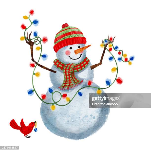cute watercolor snowman holding string lights isolated on a transparent base - fairy-lights-transparent-background stock illustrations