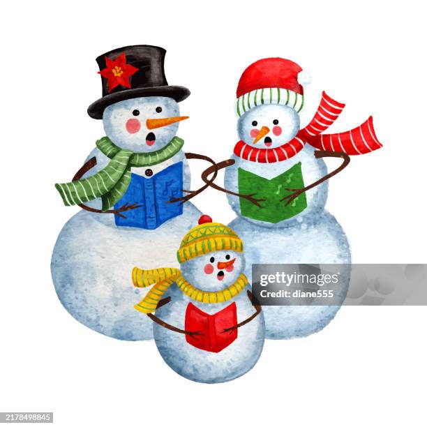 cute watercolor snowmen family carolling isolated on a transparent base - snowman family stock illustrations