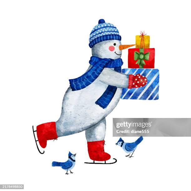 niedlicher aquarell-schneemann isoliert auf transparenter basis - handschuh karte stock-grafiken, -clipart, -cartoons und -symbole