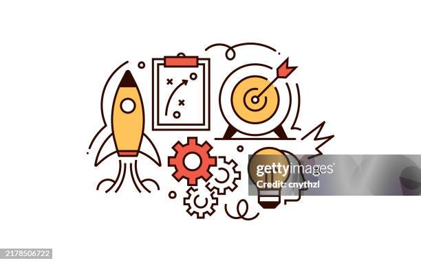 ilustraciones, imágenes clip art, dibujos animados e iconos de stock de plan de acción diseño de banner de arte lineal. negocios, planificación, estrategia, desarrollo, cooperación. - negocio nuevo