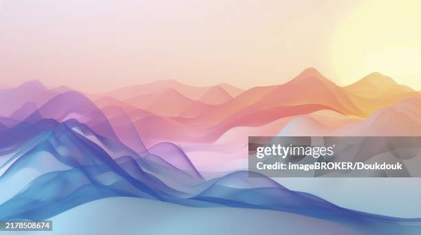 abstract mountain landscape with colorful, gradient hues ranging from blue to pink, creating a serene atmosphere - dramatic landscape stock illustrations