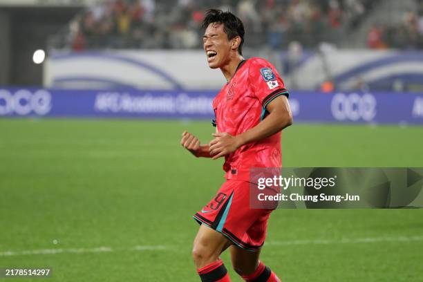 Oh Sehun of South Korea celebrates after scoring the team's first goal during the FIFA World Cup Asian Third Qualifier Group B match between South...