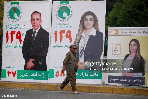 Kurdish man walks past electoral campaign posters of candidates ahead of the October 20 parliamentary election in the northern Iraqi city of...