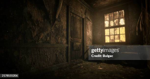 abandoned room with decaying walls and vintage chairs - verval stockfoto's en -beelden
