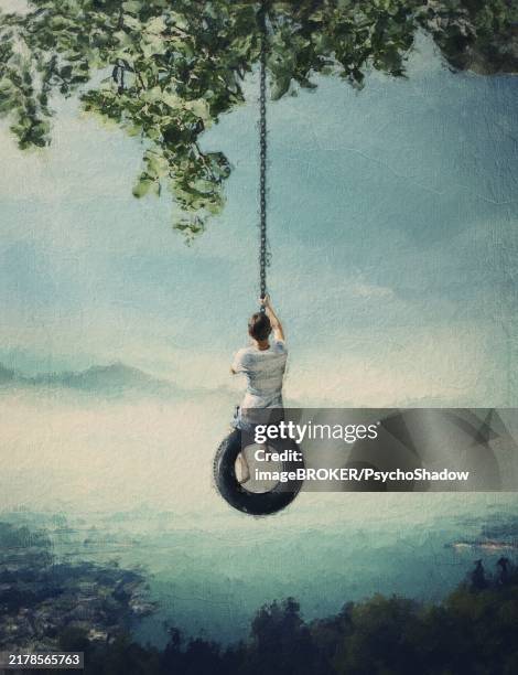 beautiful painting of a boy swaying on a tire swing with a wonderful scenic view from above the town. adventure and freedom concept, vacation escapade memories, relaxation and happiness - playground from above stock illustrations