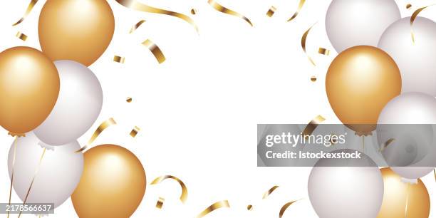 celebration banner with gold confetti and balloons - celebration background balloons stock illustrations