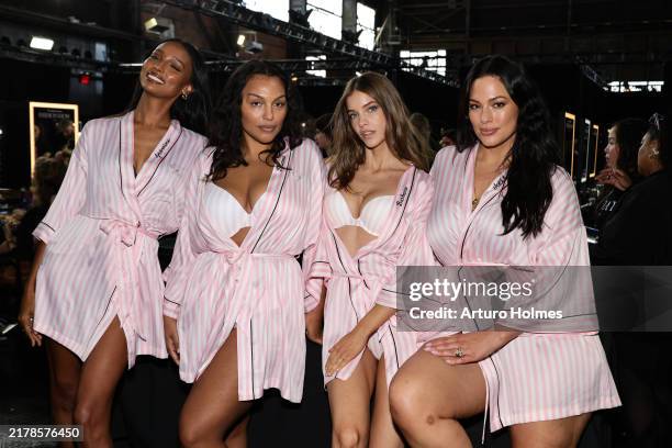Jasmine Tookes, Paloma Elsesser, Barbara Palvin and Ashley Graham prepare backstage at the Victoria's Secret Fashion Show 2024 on October 15, 2024 in...