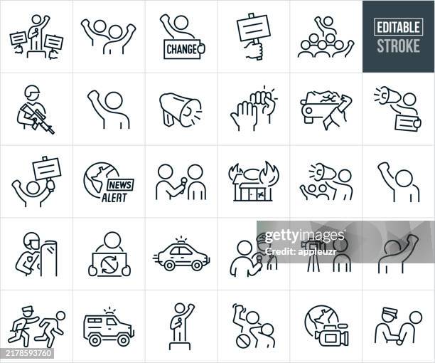 ilustraciones, imágenes clip art, dibujos animados e iconos de stock de iconos de línea fina de protesta - trazo editable - huelga