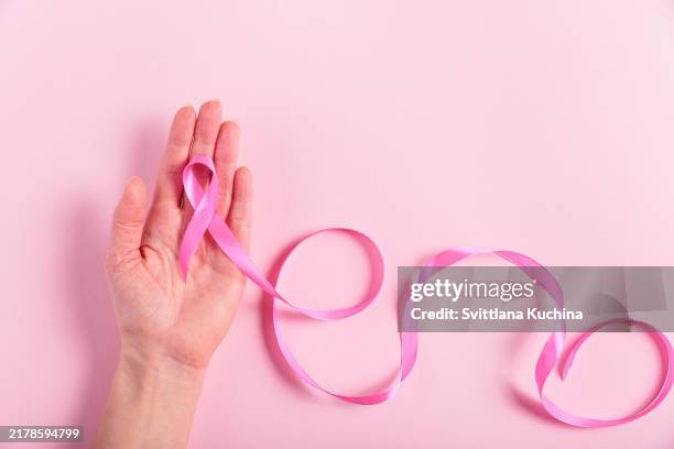 female hand holding breast cancer ribbon on pink background - cancer awareness sign stock pictures, royalty-free photos & images
