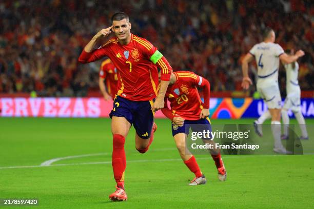 Alvaro Morata of Spain celebrates scoring his team's second goal during the UEFA Nations League 2024/25 League A Group A4 match between Spain and...