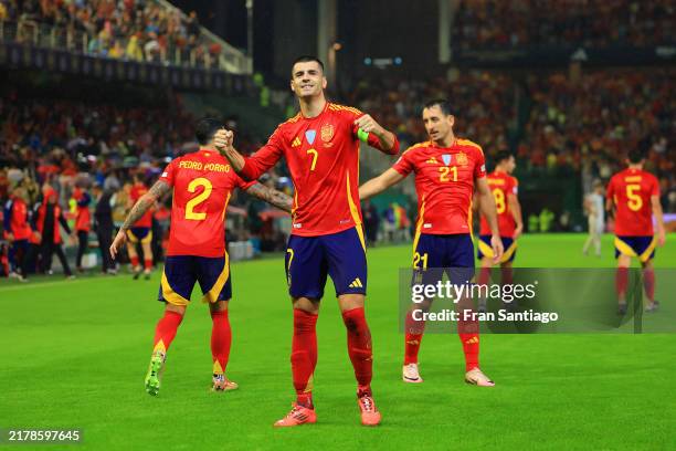 Alvaro Morata of Spain celebrates scoring his team's second goal during the UEFA Nations League 2024/25 League A Group A4 match between Spain and...