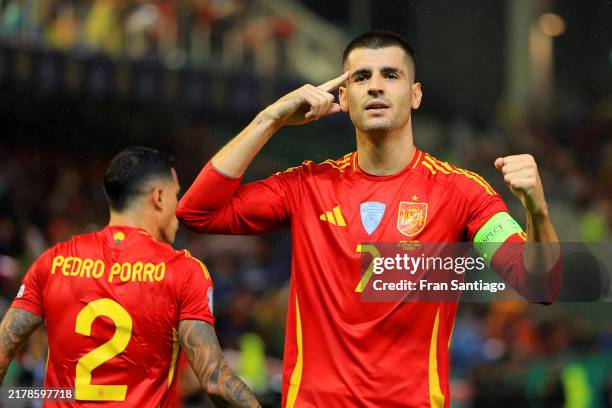 Alvaro Morata of Spain celebrates scoring his team's second goal during the UEFA Nations League 2024/25 League A Group A4 match between Spain and...