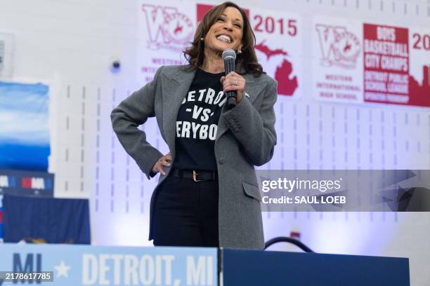 Vice President and Democratic presidential candidate Kamala Harris speaks at a campaign rally to get out the early vote at Western International High...