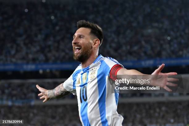 Lionel Messi of Argentina celebrates after scoring the team's first goal during the FIFA World Cup 2026 South American Qualifier match between...