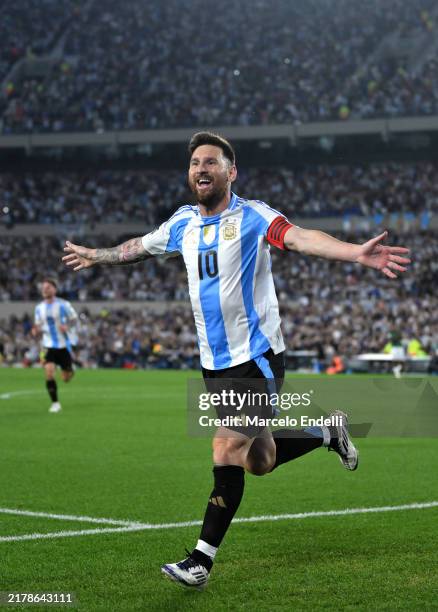 Lionel Messi of Argentina celebrates after scoring the team's first goal during the FIFA World Cup 2026 South American Qualifier match between...