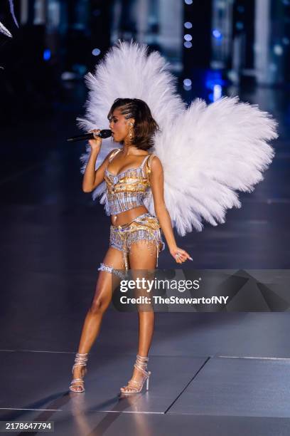 Tyla performs during the Victoria's Secret Fashion Show 2024 at Duggal Greenhouse on October 15, 2024 in Brooklyn, New York.