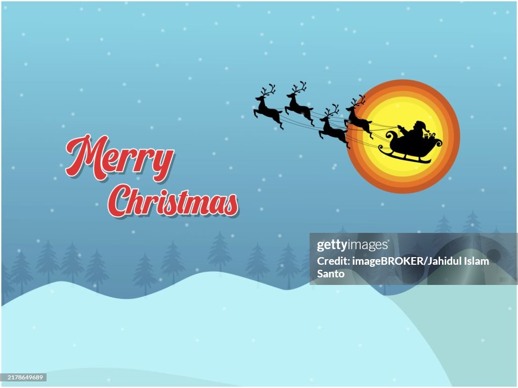 A festive Christmas scene with Santa's sleigh flying over snowy landscape