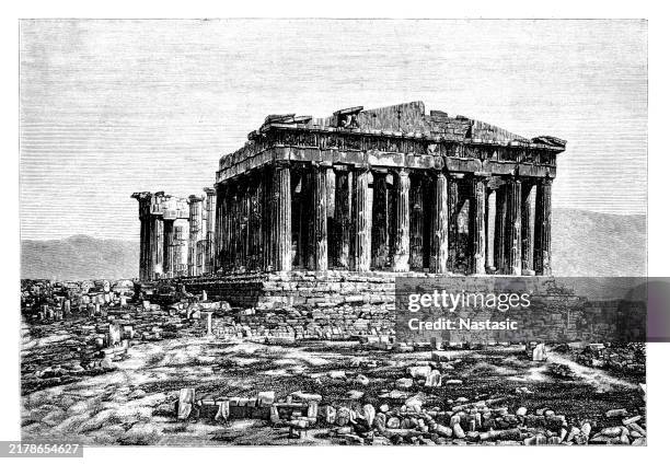 the most iconic feature of the erechtheion, the porch of the caryatids, can be found on the southern section of the temple. the sculpted female figures which act as supporting pillars are thought to represent maidens from the laconic city of karyes - greek temple illustration stock illustrations