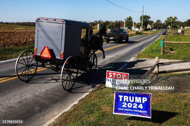An Amish horse-drawn buggy passes by signs reading "Stop Illegal Voting" and "Trump 2024" signs in Strasburg, Pennsylvania on October 19, 2024.