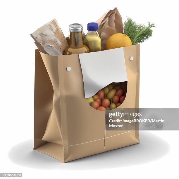 einkaufstüte, shopping cart for groceries from which the groceries swell against a white background - abandoned stock illustrations