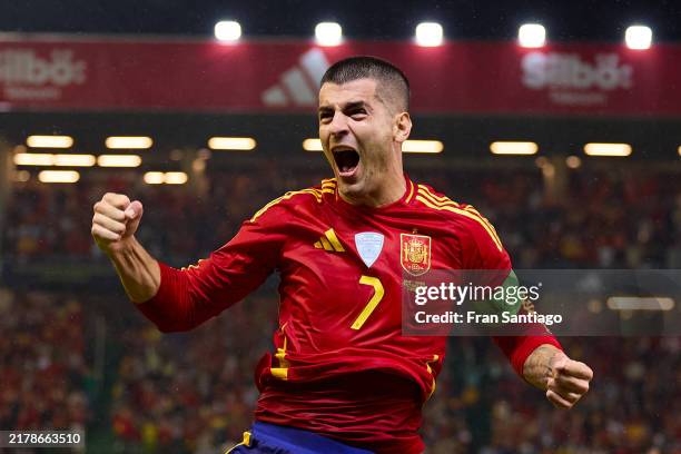 Alvaro Morata of Spain celebrates after scoring the teams second goal during the UEFA Nations League 2024/25 League A Group A4 match between Spain...