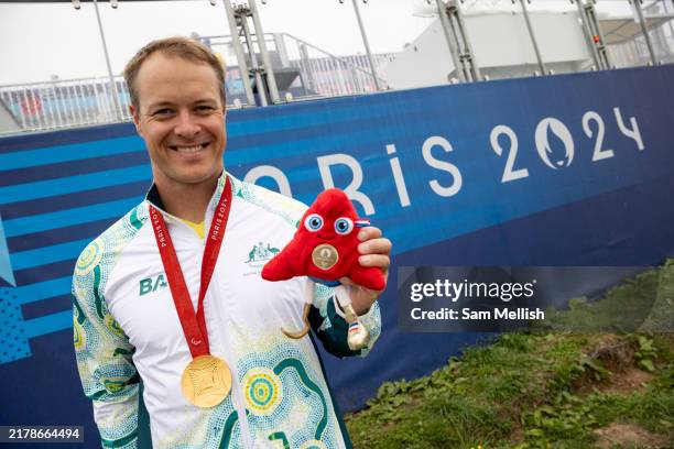 Curtis McGrath of Australia after the medal ceremony for the Men's Kayak Single 200m KL2 Final on day ten of the Paris 2024 Summer Paralympic Games...