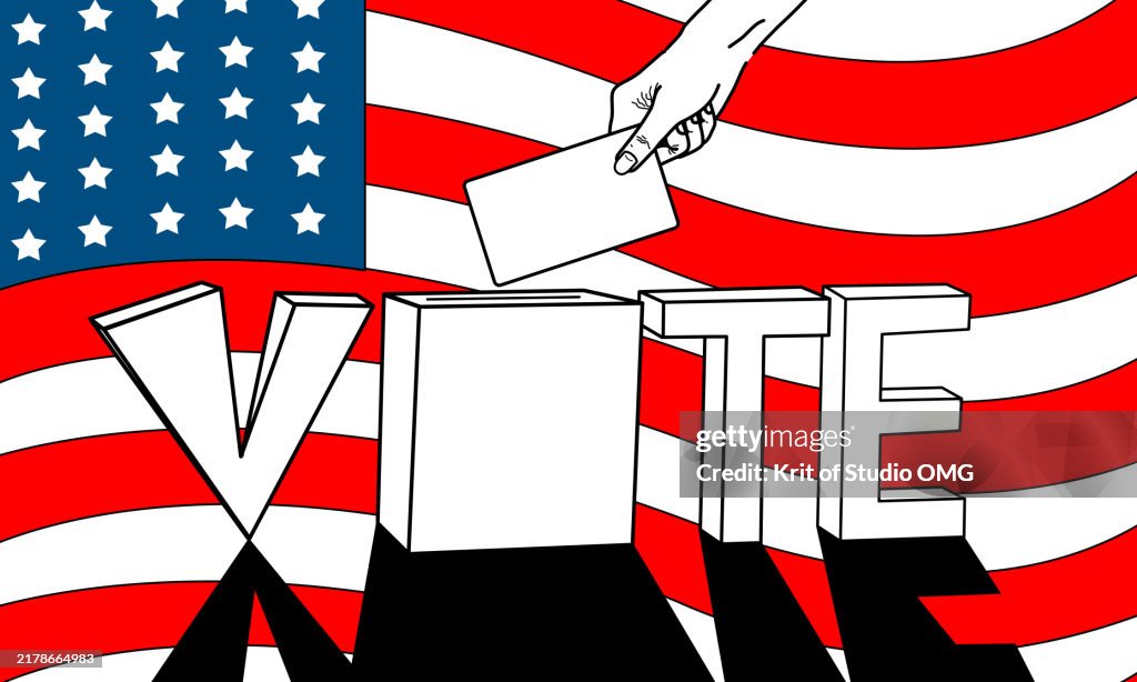 Voting Representation with American Flag - Hand Casting Ballot in Election