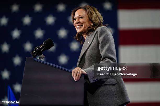 Vice President and Democratic Presidential nominee Kamala Harris speaks at a campaign rally encouraging early voting on October 19, 2024 in Atlanta,...