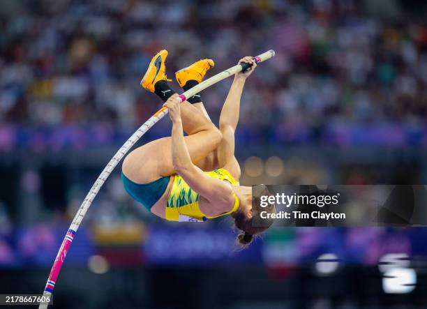 Nina Kennedy of Australia in action during her gold medal performance in the Women's Pole Vault Final during the Athletics Competition at the Stade...