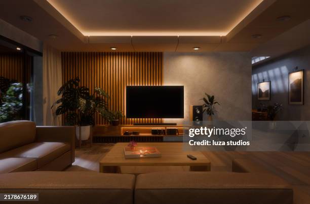 interior of living room at night with illuminated tv and ceiling - advertising panel bildbanksfoton och bilder