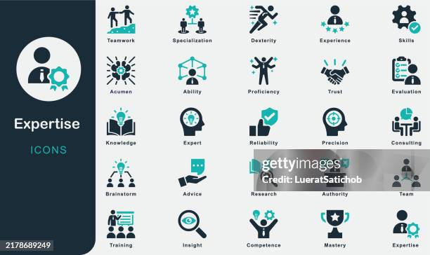 expertise solid icons collection.containing business, organization, working, experience, consulting, knowledge, trust, teamwork, advice, team, research, brainstorm, meeting, competence, evaluation - job description stock illustrations