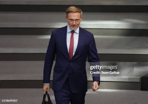 German Finance Minister Christian Lindner arrives at the Bundestag prior to a government declaration by Chancellor Olaf Scholz one day before a...