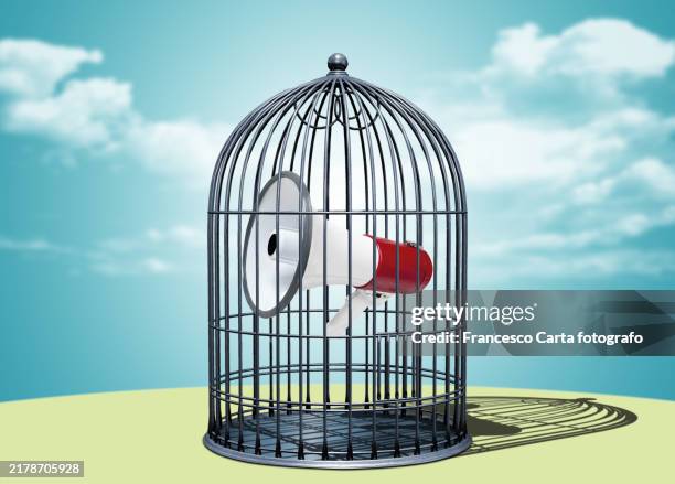 megaphone locked in a birdcage - kommunikationsproblem stock-fotos und bilder