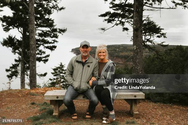 couple sitting on bench with scenic ocean view - províncias marítimas imagens e fotografias de stock