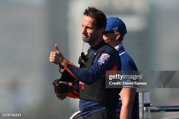 Team Ineos Britannia Skipper Sir Ben Ainslie celebrates after winning race 5 during the 37th America's Cup on October 16, 2024 in Barcelona, Spain.