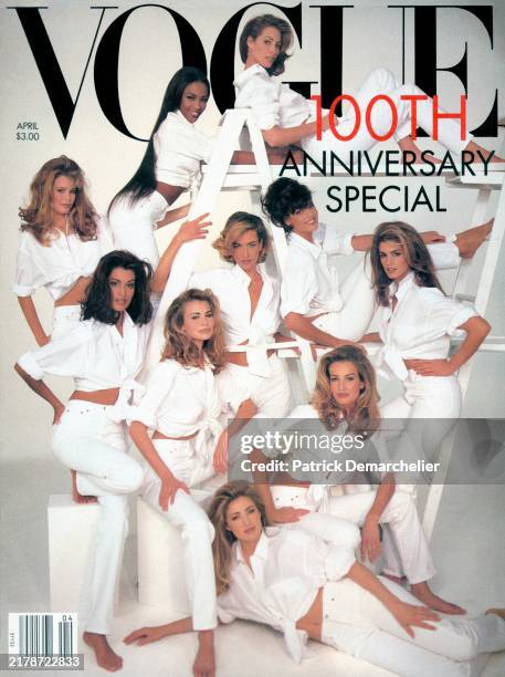 Vogue April 1992 Cover featuring: Models Christy Turlington, Linda Evangelista, Cindy Crawford, Karen Mulder, Elaine Irwin, Niki Taylor, Yasmeen...