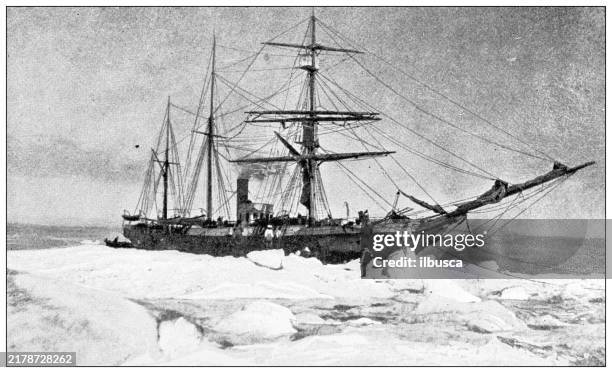 antique image: arctic expedition, us revenue cutter "bear" - snow scene stock illustrations