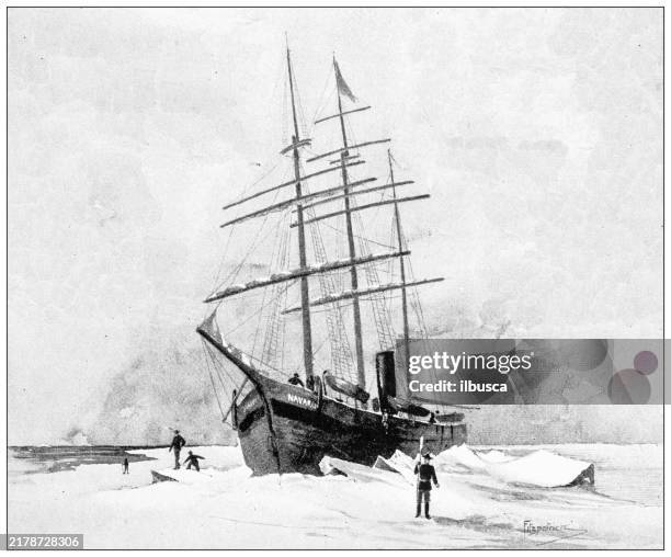 illustrazioni stock, clip art, cartoni animati e icone di tendenza di immagine antica: spedizione artica, steam-bark "navarch" - rompere il ghiaccio